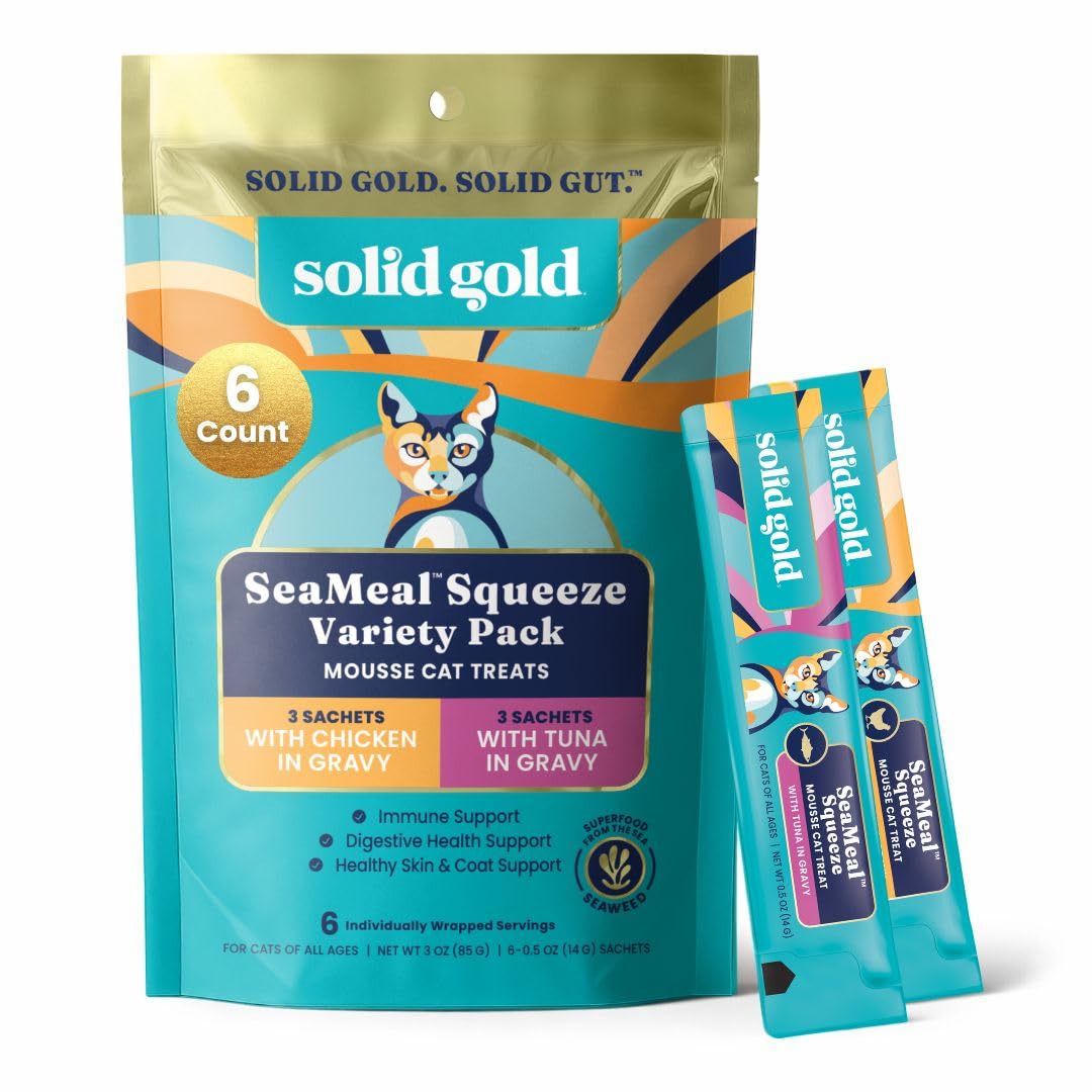 Solid Gold Lickable Cat Treats - Limited Ingredient SeaMeal Squeezable Healthy Cat Treats Variety - Chicken & Tuna Snack & Topper Squeeze Ups for Cats w/for Gut & Immune Support - 3oz/6ct
