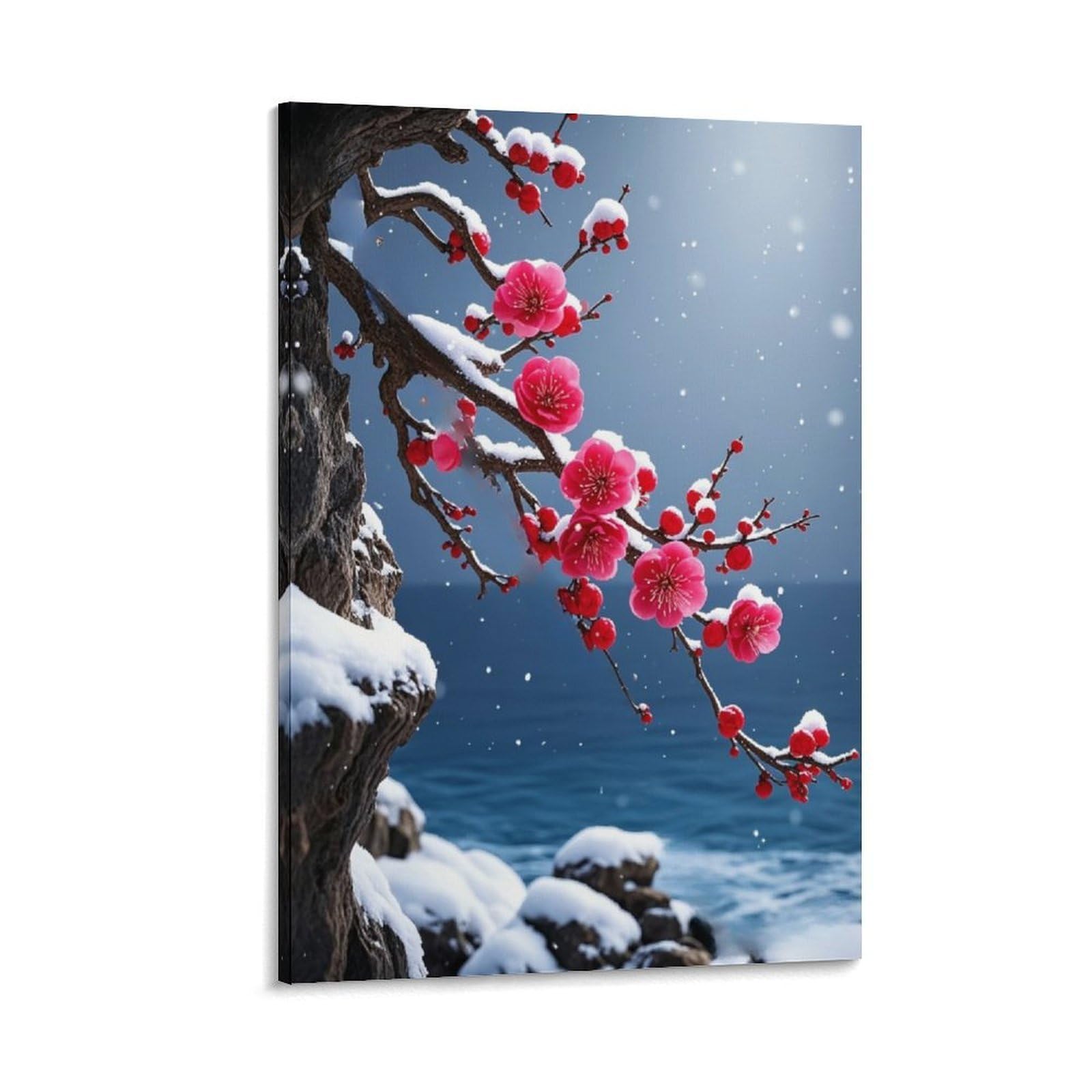 IEJKLUVWX Snow Red Plum Blossom Wall Pictures Winter Plum Fade-Resistant High Definition Ready to Hang for Sofa Background Bedroom Housewarming Gift Modern 08x12inch(20x30cm)