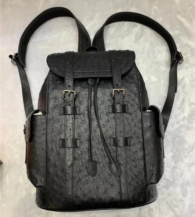 Generic Authentic Real True Ostrich Skin Men Large Casual Black Drawstring Backpack Genuine Exotic Leather Male Leisure Travel Bag Pack, LKC-0152