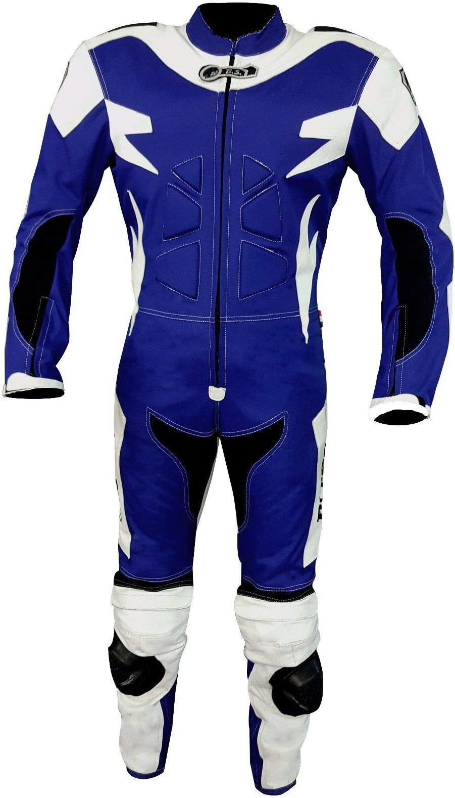 BIESSE Leather and Fabric Motorcycle Suit, Ideal for Road Long Travel, Touring, Pit-bike, Black Colour, Size XS - 4XL, Complete with Hump and CE Certified Hard Protectors XL true blue / vintage white