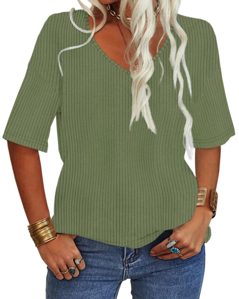 DanedviWomen Summer Casual V-Neck Half Sleeves Ribbed T Shirt Solid Loose Basic Tunic Tops