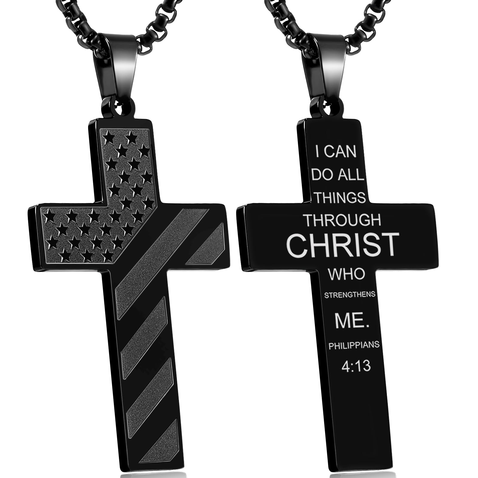 American Flag Cross Necklace for Men Bible Verse, Christian Religious Scriptures Faith Baptism 1st First Communion Pendant Chain for Boys, Fathers Dad Day Graduation Jewelry Gifts for Him,-image-15