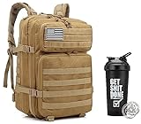 Mochila Táctica Impermeable 45L de Gran Capacidad y Múltiples Bolsillos para Crossfit, Gimnasio, Senderismo, Acampada, Montañismo, Caza, Deporte Aire Libre y Viajar + Shaker para Agua o Batido (CAQUI)