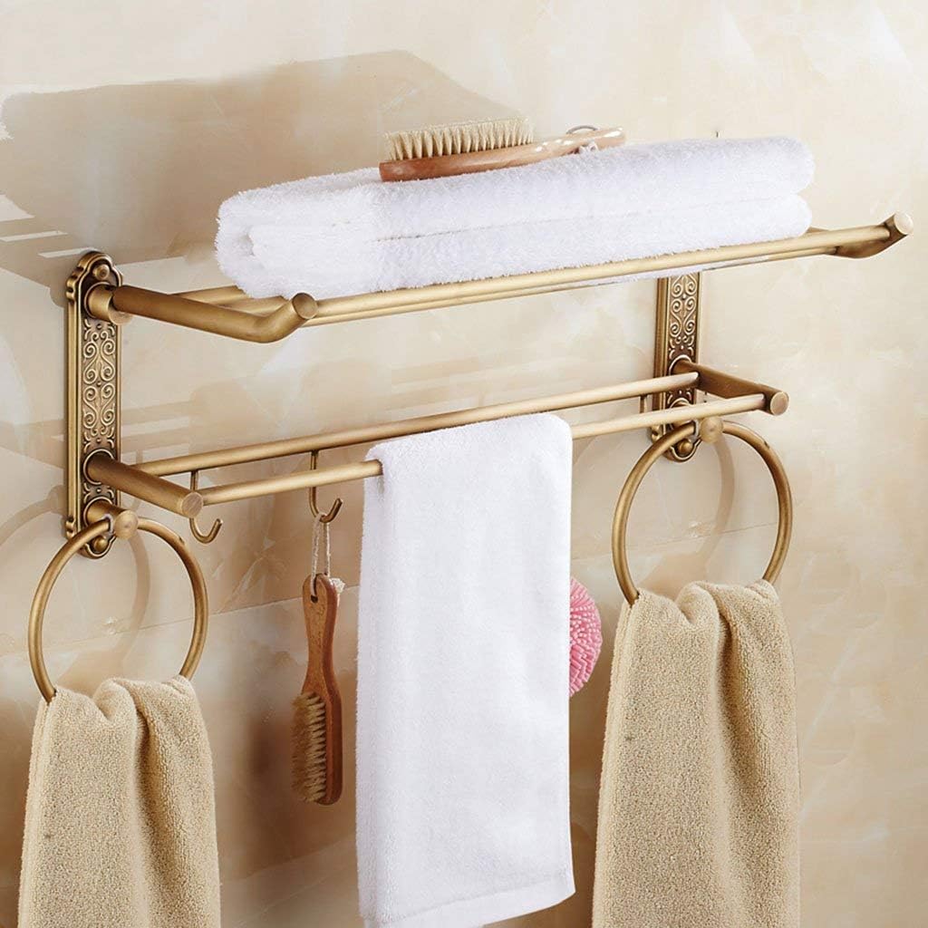 Copper Wire Drawing Bathroom Shelf Wall Hanging Double Layer Foldable Towel Rack Towel Towel Ring Storage Shelves (Size : 51 * 25 * 25CM) (51 * 25 * 25CM)