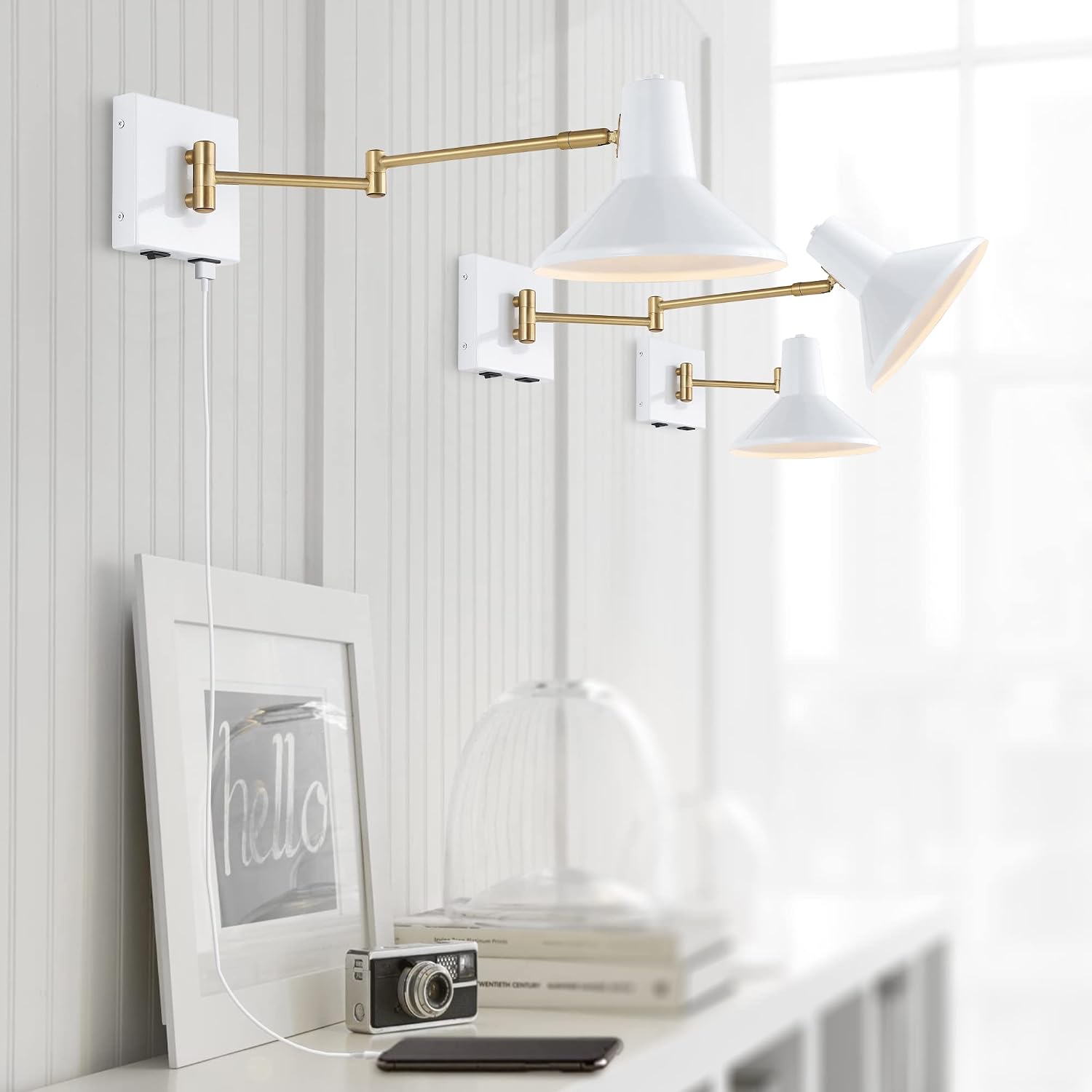 JONATHAN Y 16" White/Brass Gold 1-Light Modern Swing Arm Sconce with USB Port, Plug-in Midcentury LED Bedside Lamp with White Iron Shade for Bedroom Living Room JYL1302A