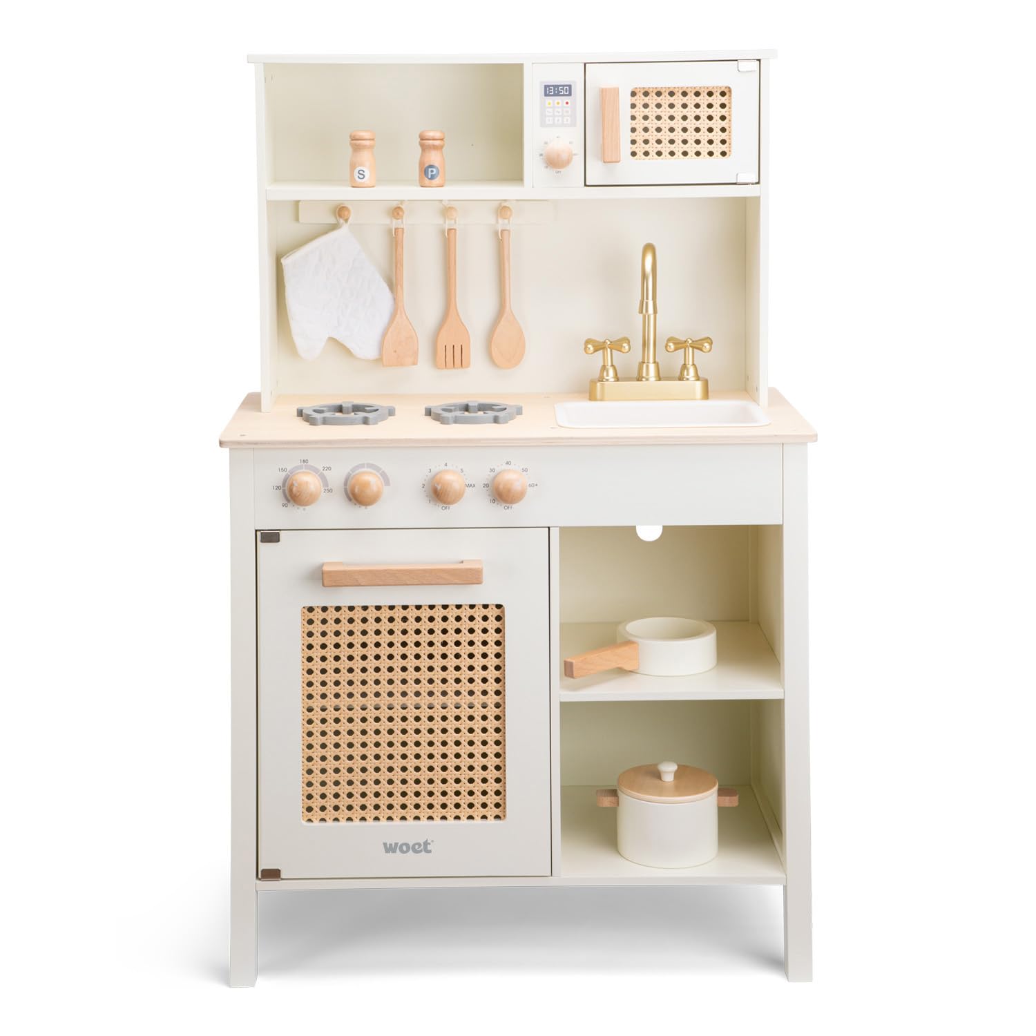 Woet Holzspielzeug Spielküche für Kinder Off-White mit Küchenzubehör Rattan-Details ab 3 Jahren