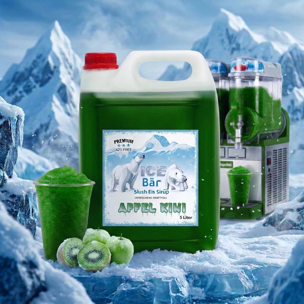 ICE Bär SLUSH Granizado 12 variedades afrutadas, 5 litros de concentrado, Sabor manzana kiwi, granizador de hielo para máquina de hielo de bricolaje 5L (Paquete de 1)