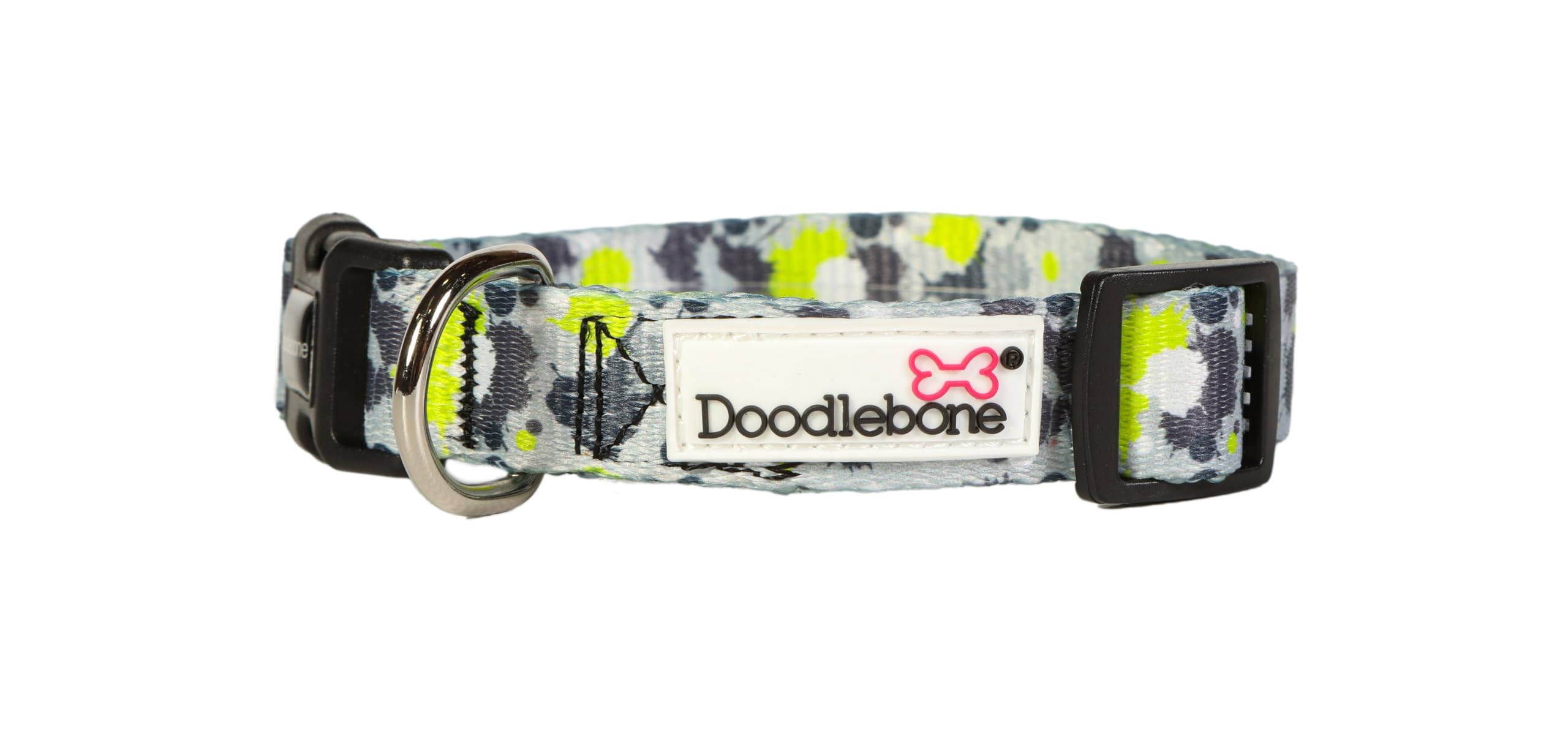 Doodlebone – Dog Collar – Adjustable Strong Collar with Secure D Ring, Strength Tested Components & Machine Washable Design for Everyday Walkies – Size 6-11, 50-70cm - Neon Paint Splat