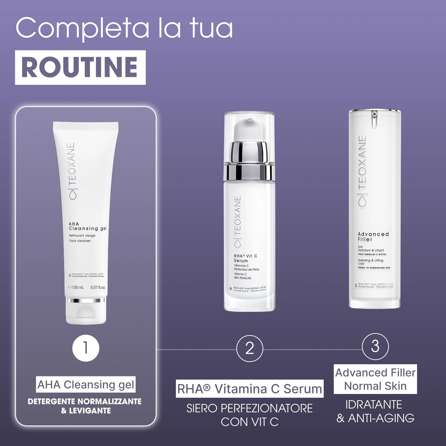 TEOXANE - AHA Cleansing Gel, Detergente esfoliante con AHA, Acido glicolico, Acidi della frutta e RHA®: deterge in profondità, Leviga e migliora la grana della pelle, Ideale per tutti i tipi di pelle