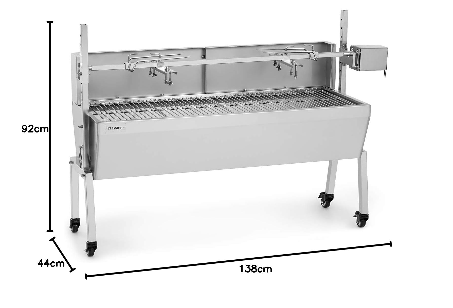 Klarstein Asador Giratorio Electrico, 2 en 1, Barbacoa con Rejilla Exterior de Acero Inoxidable, Parrilla de Cerdos y Pollos Extra Grande con Ruedas