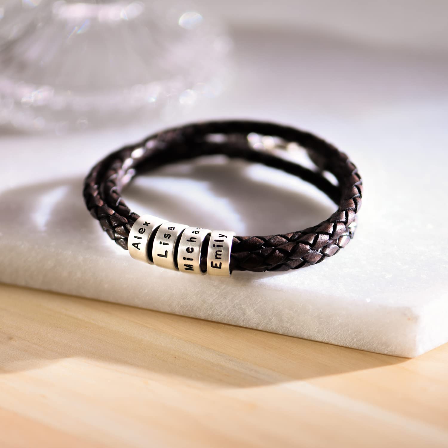 MYKA – Personalizzato Bracciale Regolabile in Pelle Intrecciata Personalizzabile con Perline Personalizzate Incise in Argento Sterling – Regalo per donna – Regalo per Natale5