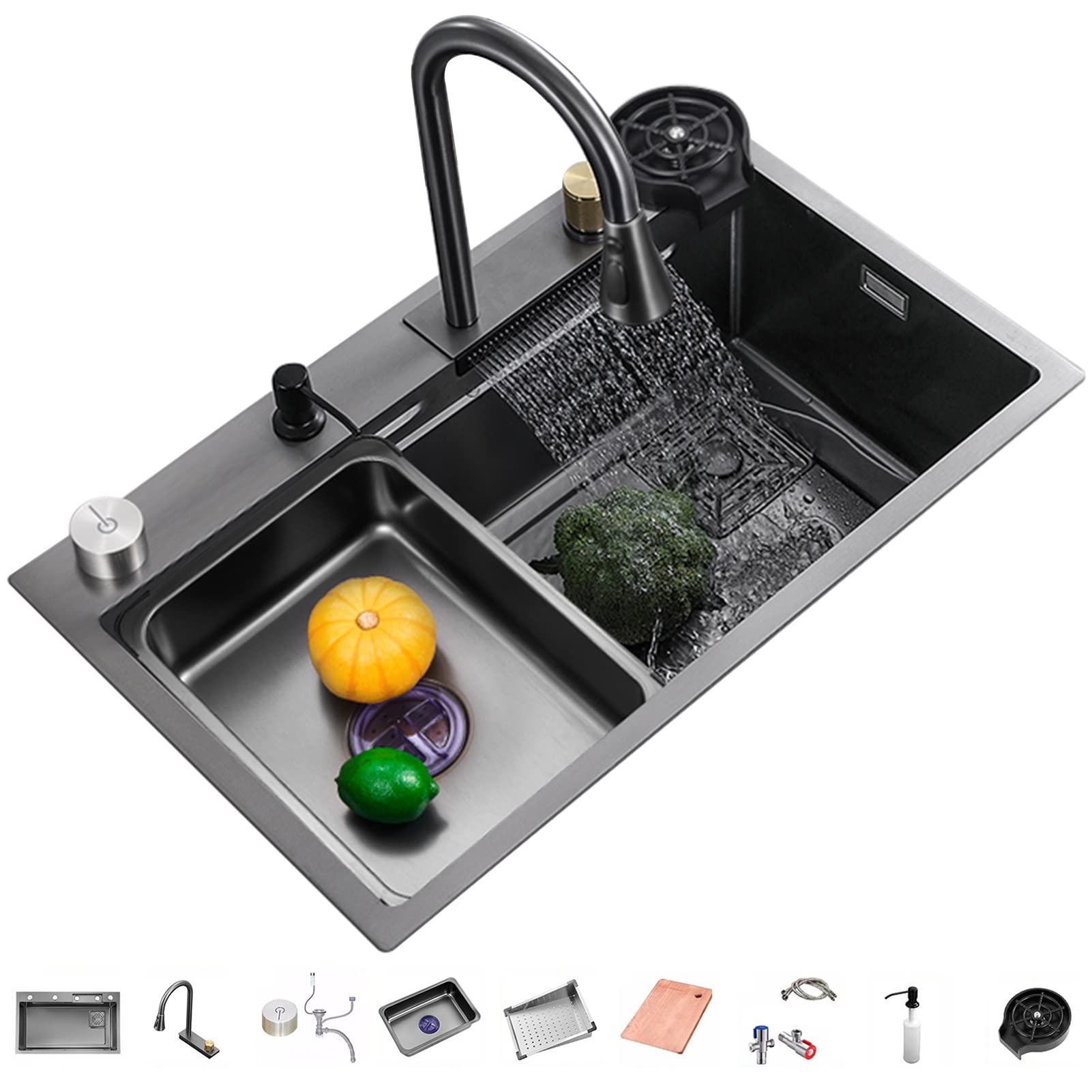 ZQFHSX 304 Stainless Steel Kitchen Sink Multi-Purpose Waterfall Bar Single Bowl Nano Rv with Pull-Out Faucet Top Mount Or Undermount (Color : Black-b, Size 68x45x22cm)