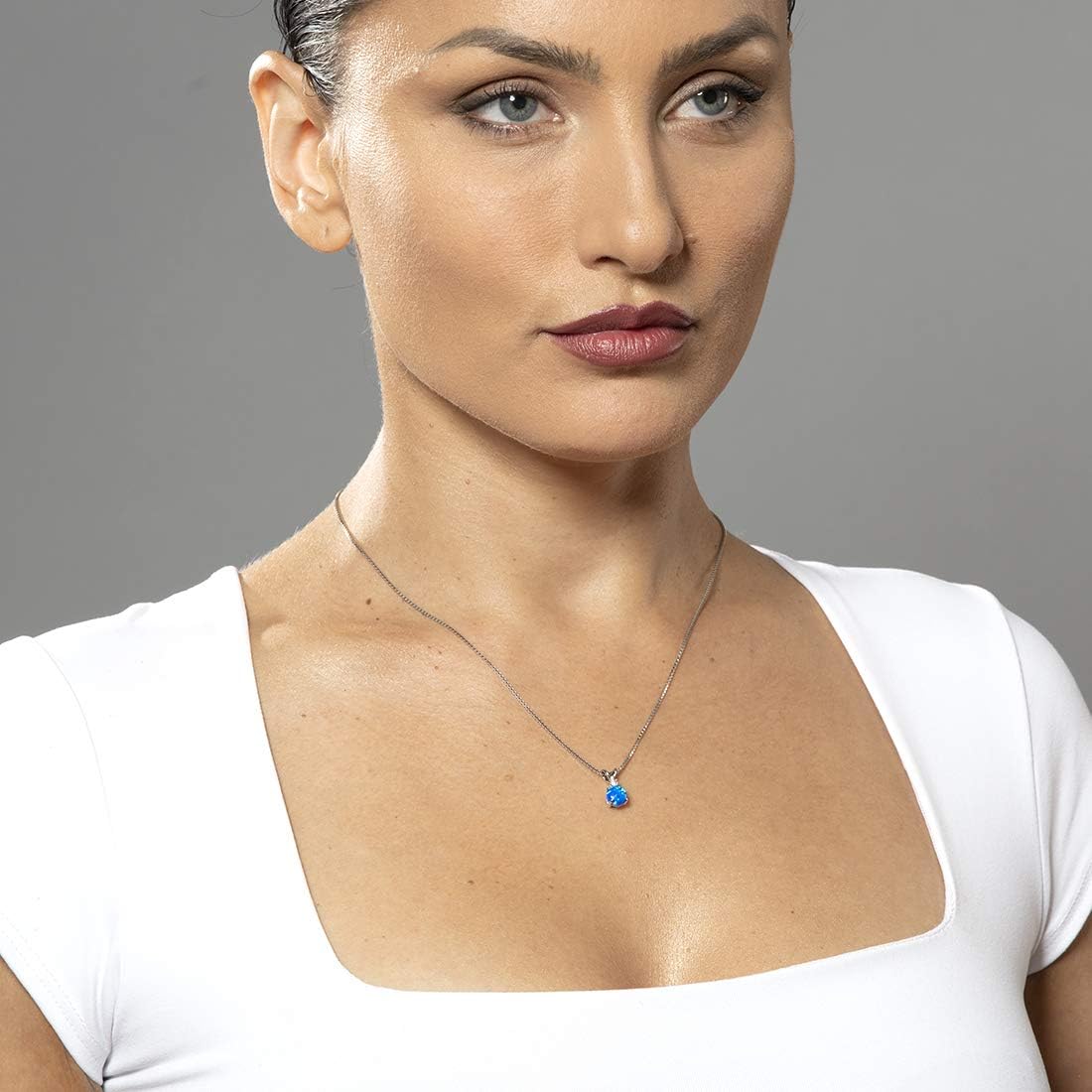PEORA 14K White Gold Created Blue Opal with Genuine Diamond Pendant for Women, Elegant Solitaire, AAA Grade Round Shape 6.50mm, October Birthstone Necklace, Fire, w/Jewelry Box