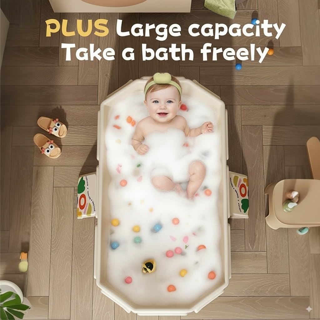 PandaEar Foldable Baby Bathtub, Large Collapsible Kids Bath Tub for Toddlers & Infants, Space-Saving Portable Bath Bucket with Drain Plug, Non-Slip Design for Home Use -Cream