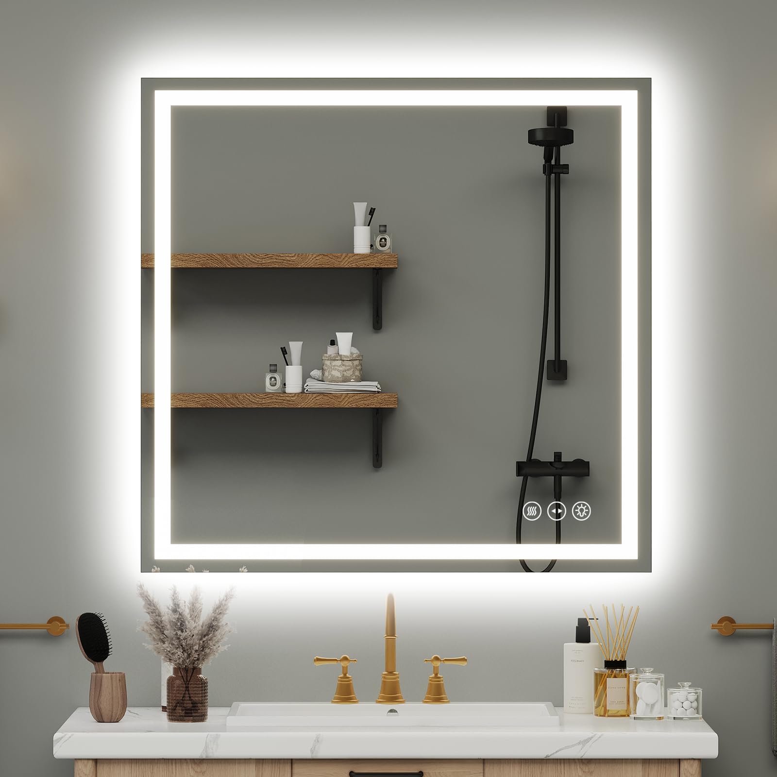 led bathroom mirror 36x36 inch anti-fog bathroom mirror with lights, wall mounted lighted vanity mirrors, dimmable, backlit + front lit, smart bathroom vanity mirror with 3 colors temperature