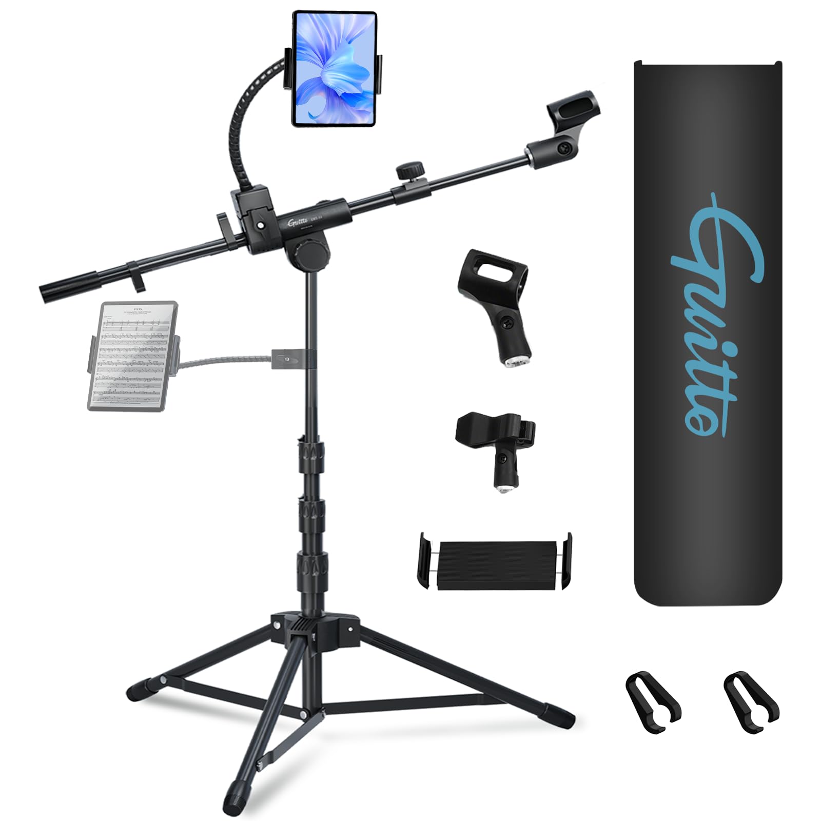 GUITTO Support de micro sur pied avec bras réglable, base robuste, double montage pour streaming, podcast, enregistrement (GMS-04)