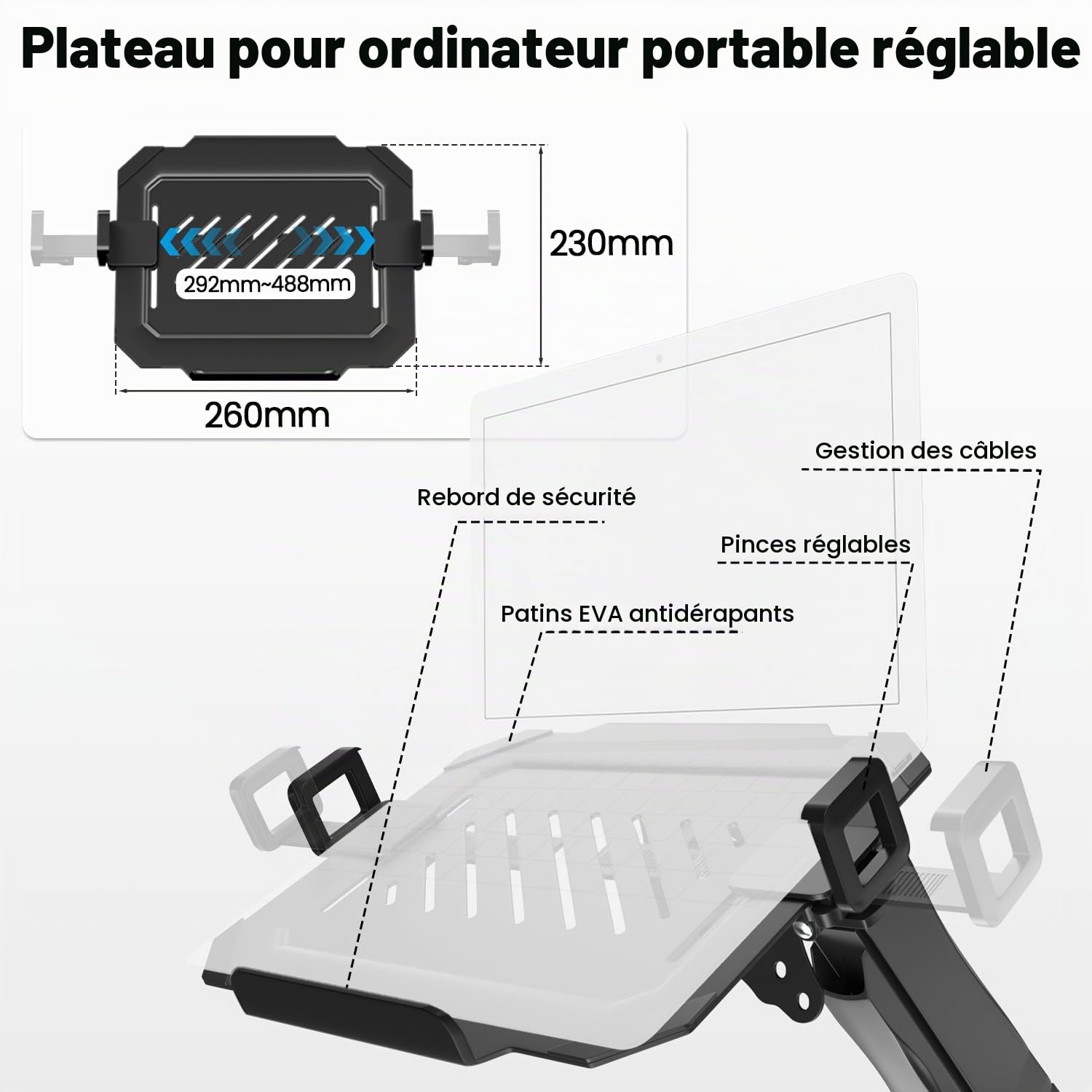 PUTORSEN Bras de Moniteur pour écran LCD LED 17-32" et Ordinateur Portable 17", réglable, 2 Fixations