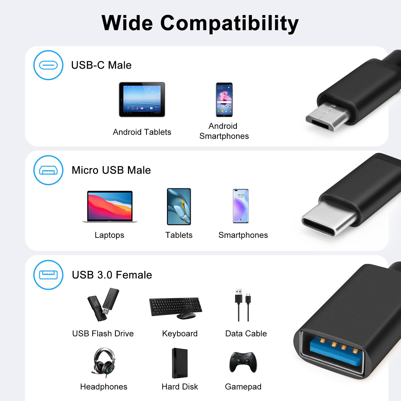 Adapter USB C/Micro USB do USB, konwerter Micro USB/USB-C na USB 3.0, kabel adaptera OTG kompatybilny z MacBookiem, telefonami z systemem Android i Plus, czarny
