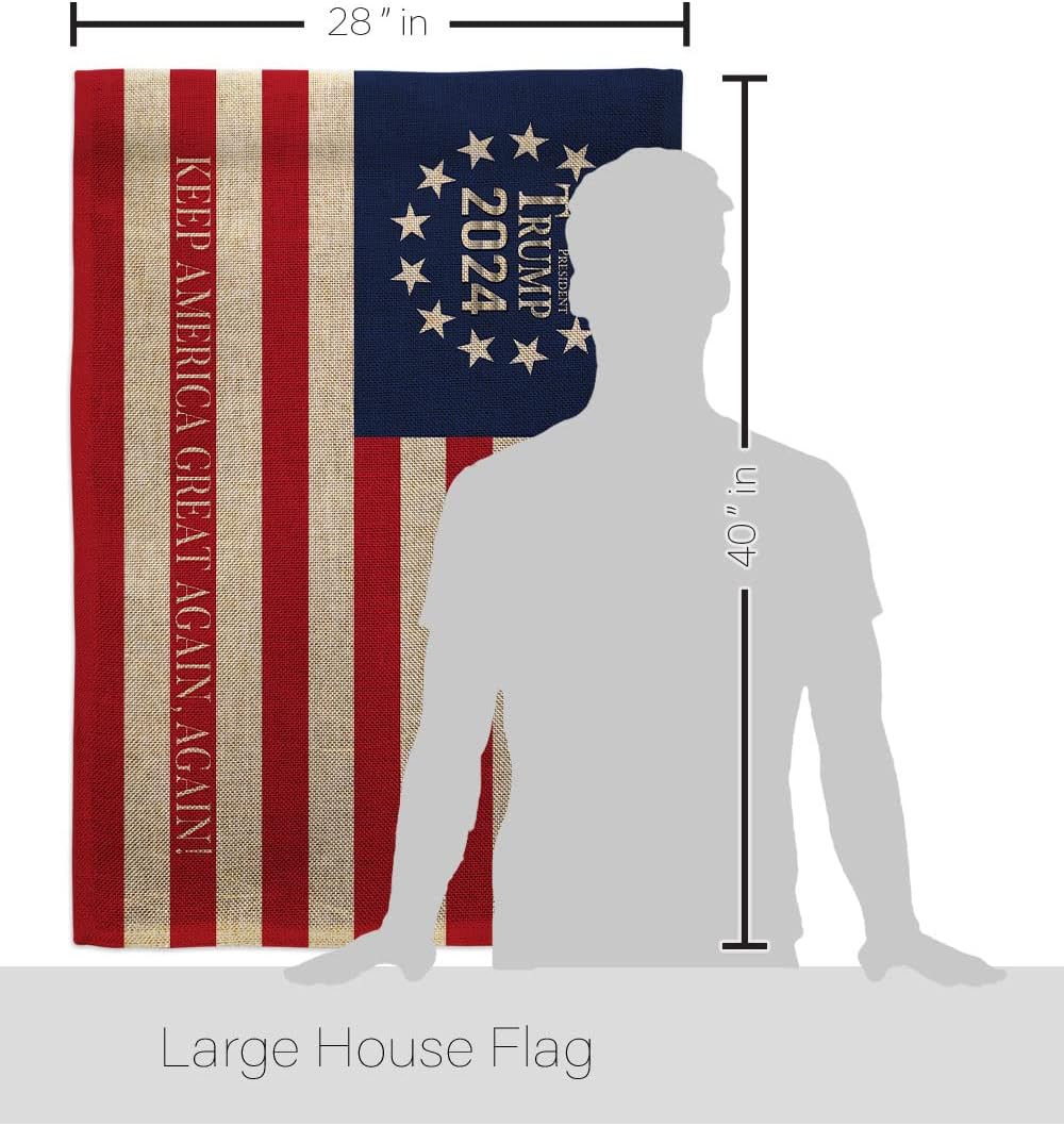 Trump Flag Keep America Again 2024 Burlap House Flag-Pack Patriotic Vote President Democrat Republican Tea Party United State American Election Vintage Applique Garden Yard Gift, Made in USA