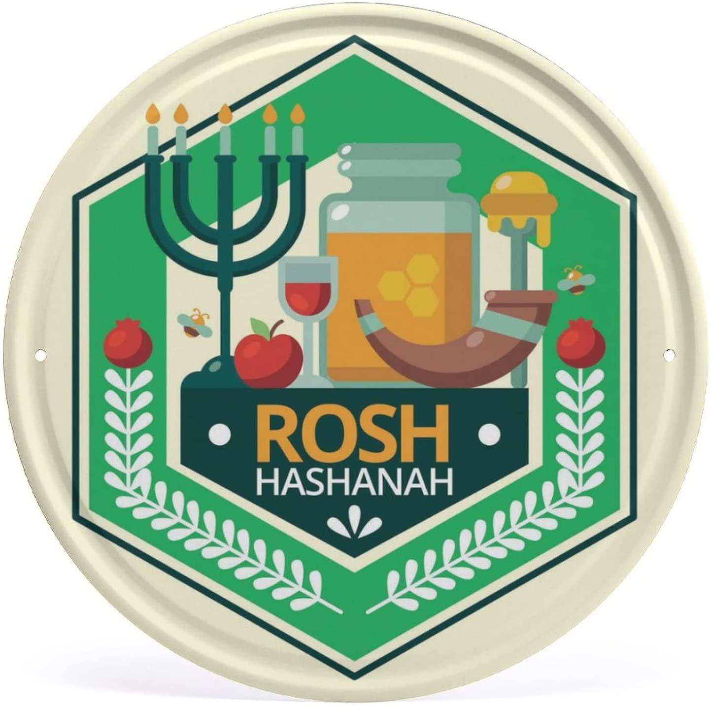 Rosh Hashanah Metal Sign Wreath Happy New Year Shana Tova Jewish Welcome Gift Vintage Round Style Tin Sign Metal Sign Metal Decor Wall Sign Wall Poster Wall Decor Door Plaque Tin Sign 12x12 Inch