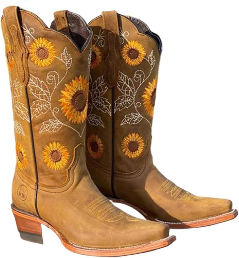 Cowboy Boots for Women - Embroidery Sunflower Mid Calf Cowgirl Pull-On Pointy Toe Lightweight Breathable Leather Retro Comfort Wear Non Slip Heel with Arch Support