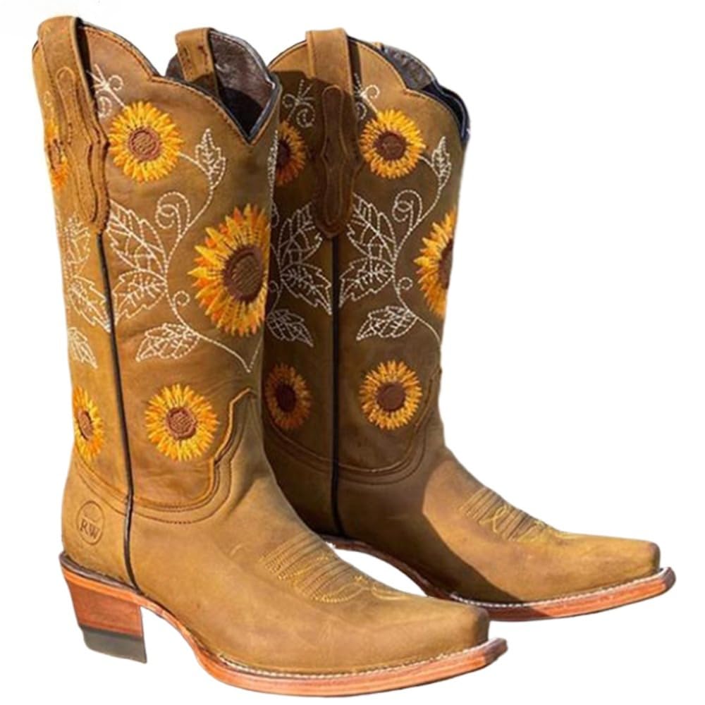 Cowboy Boots for Women - Embroidery Sunflower Mid Calf Cowgirl Pull-On Pointy Toe Lightweight Breathable Leather Retro Comfort