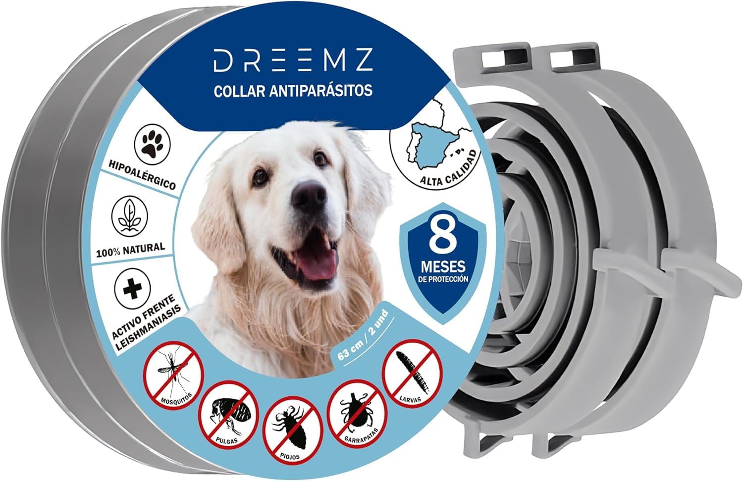 DREEMZ ® Collar Antiparasitario Perros-Collar Antipulgas-Collar contra pulgas, garrapatas y Mosquitos, 8 Meses protección-63cm Ajustable Todos tamaños-100% Natural-Impermeable-Repelente-2 unid Gris