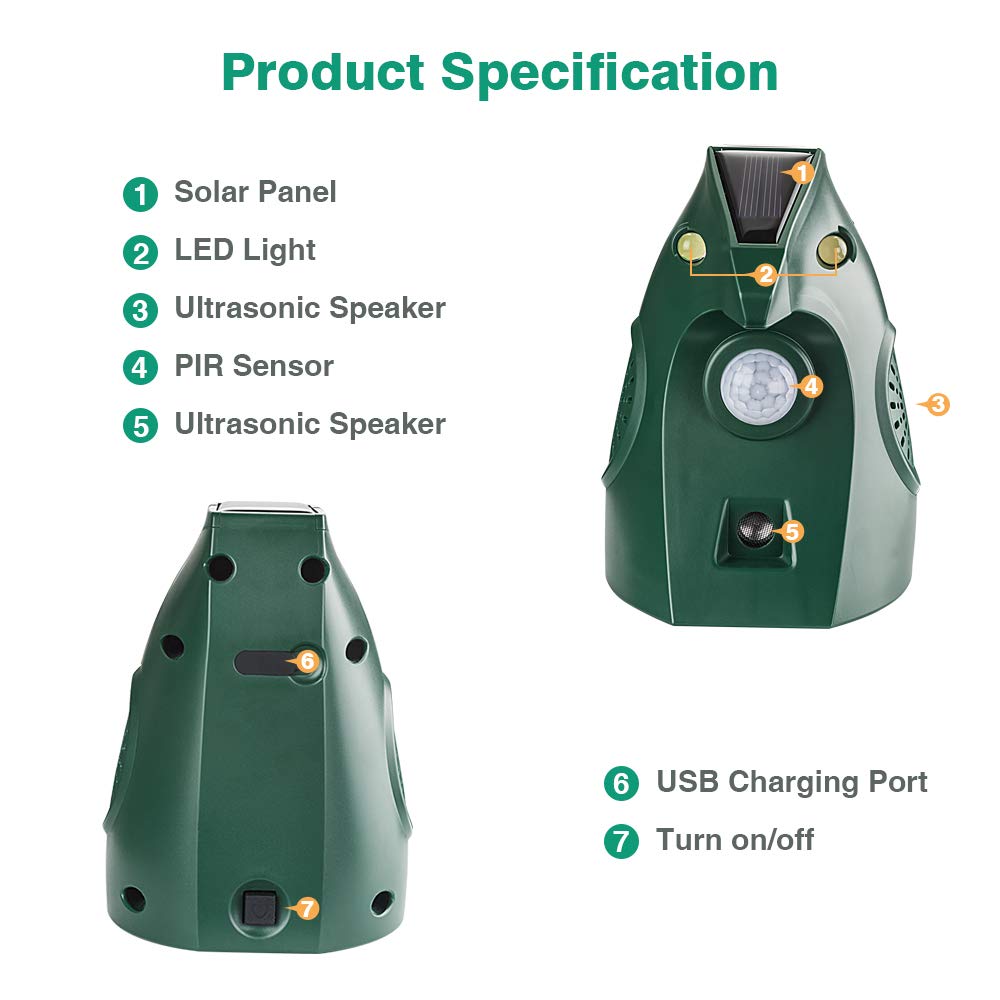 Repelente Ultrasónico para Gatos Exteriores, Repelente Palomas Ultrasónico Solar, Ahuyentador de Pajaros Animales, Carga USB Repelente Gatos Jardín Auyentar Perros, Palomas, PáJaros