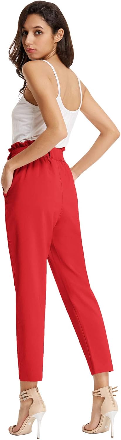 GRACE KARIN Women's Cropped Paper Bag Waist Pants with Pockets Small Red