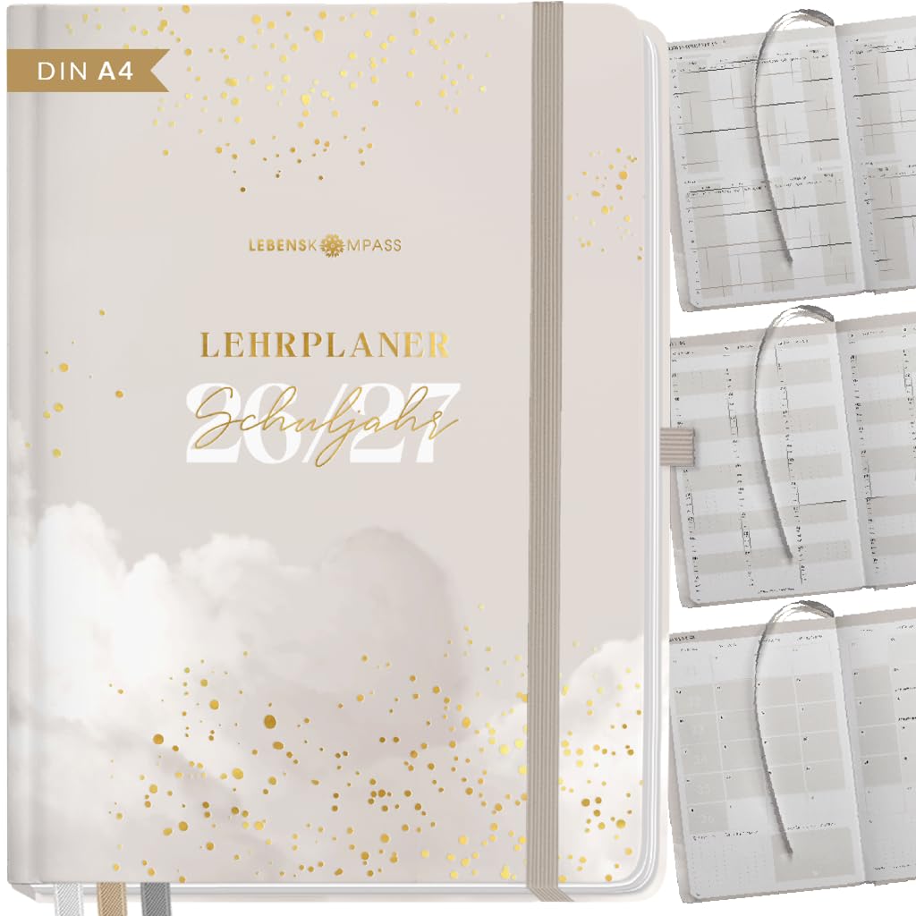Lebenskompass® Lehrerkalender 2026/2027 DIN A4 ”Cloud” - Schuljahresplaner Hardcover mit Wochen & Monatsübersichten, Klassen & Notenlisten, Stundenplänen für Lehrerinnen und Lehrer