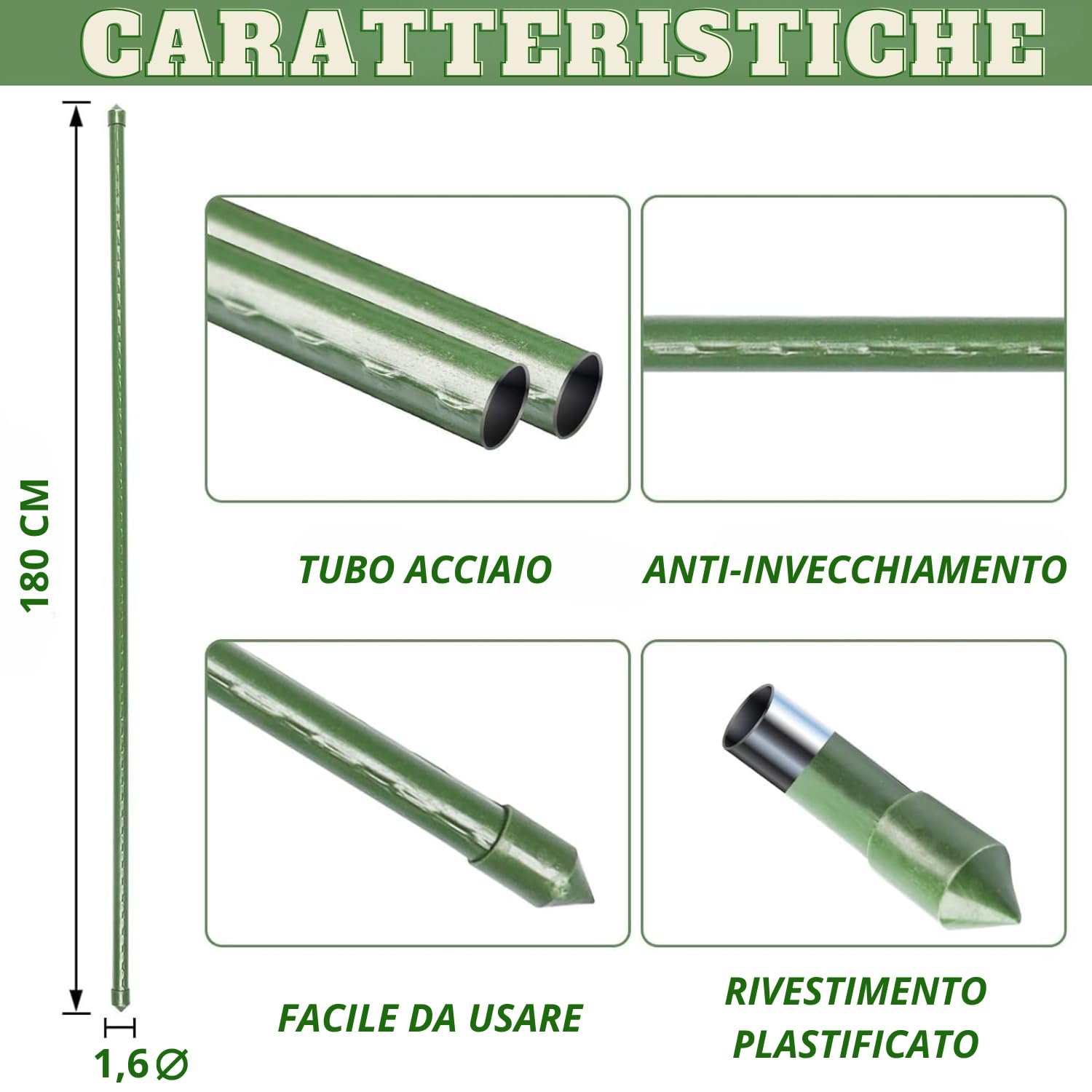 Bastoncini Supporto Piante Rampicanti Set 25 Cannette Acciaio Plastificato Bastone 1,6 Ø x 180 cm Tutore Verde Giardino Orto Pomodori Melenzane
