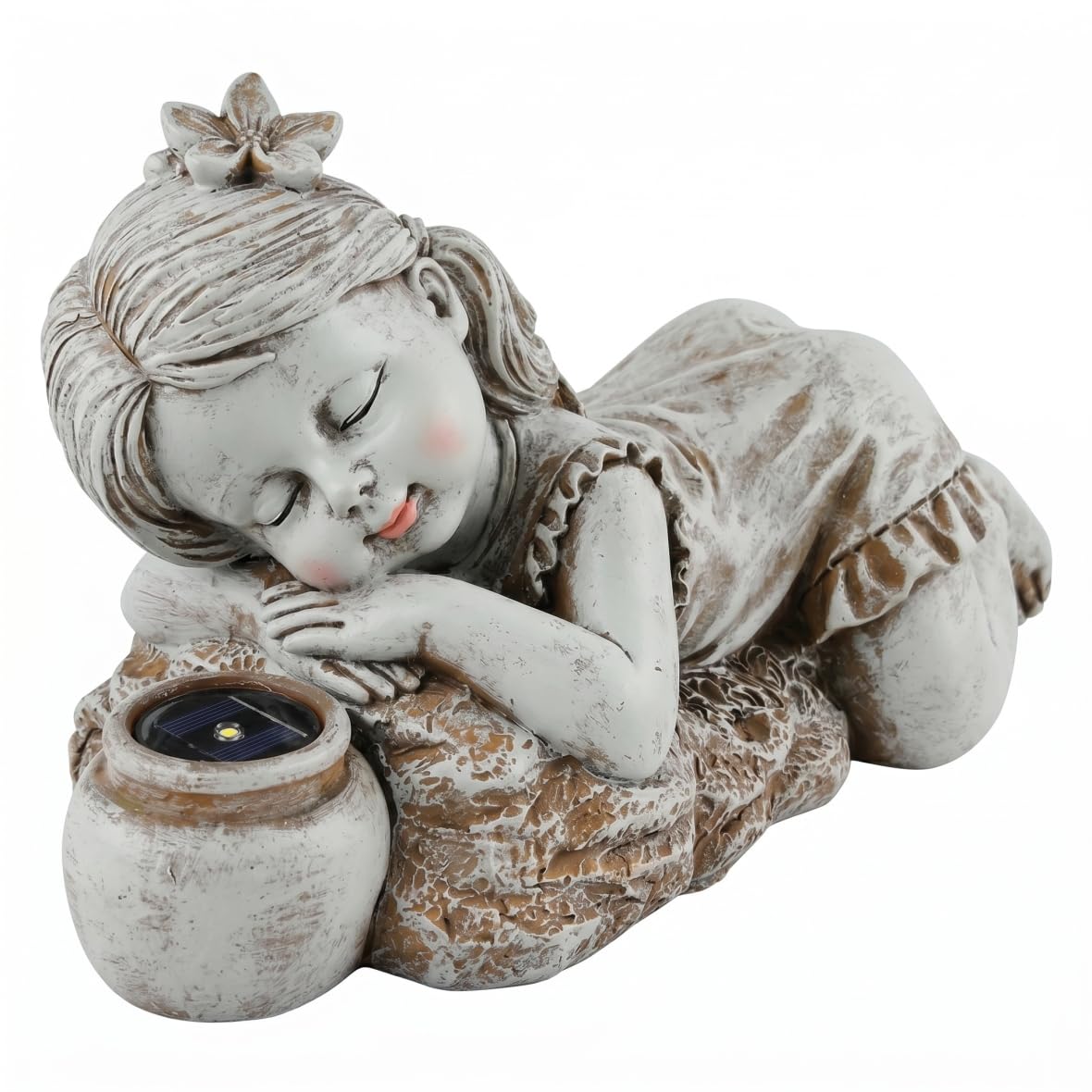Gemuseeee Solar Statues for Yard and Garden Waterproof Resin Girl Garden Statue Outdoor Solar Powered Kids Figurine, Girl