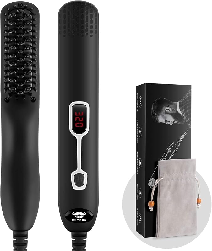 Beard Straightener Comb for Men - Upgraded Professional Electric Mens Beard Straightening Heated Brush Portable Anti-Scald 5 Adjustable Temperatures & LCD Display with Carrying Bag