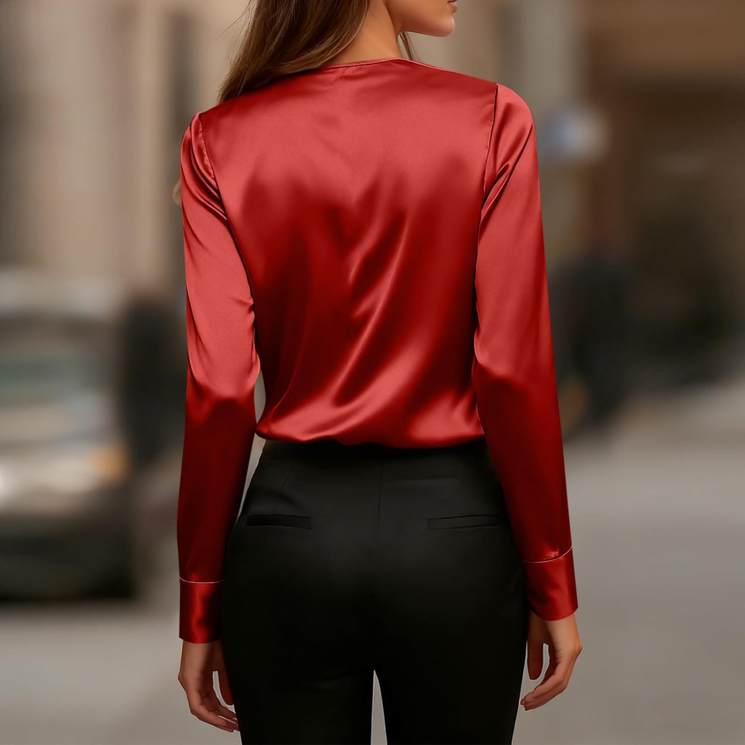 Women's Silky Satin V Neck Tops Long Sleeve Loose Fit Blouses Lightweight Dressy Work Business Shirts