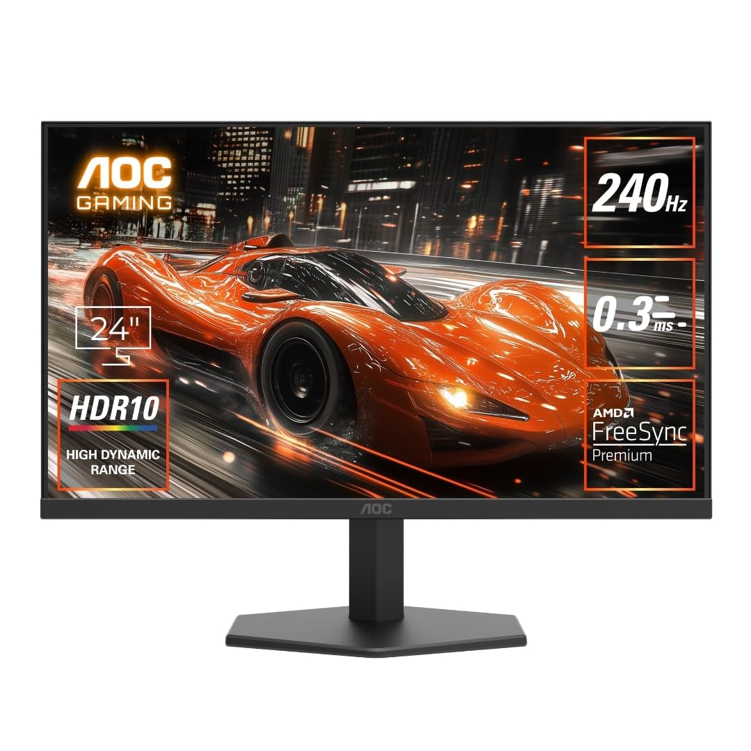 AOC 24G11ZE 23.8 inch Gaming Monitor, 240Hz, 0.3ms, FHD 1920 X 1080, Fast IPS, Adaptive Sync, HDR10, 3-Sided Frameless, Low input lag, Flicker Free, Low Blue Mode