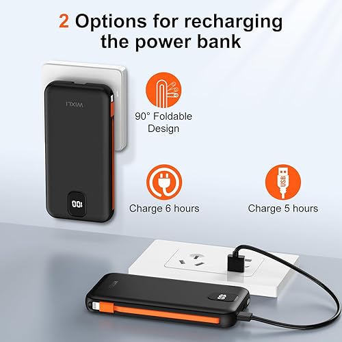 Miniatura 4 de Cargador portátil con cables integrados y enchufe de pared de CA, banco de energía USB C de 10000 mAh, cargador de teléfono, batería externa