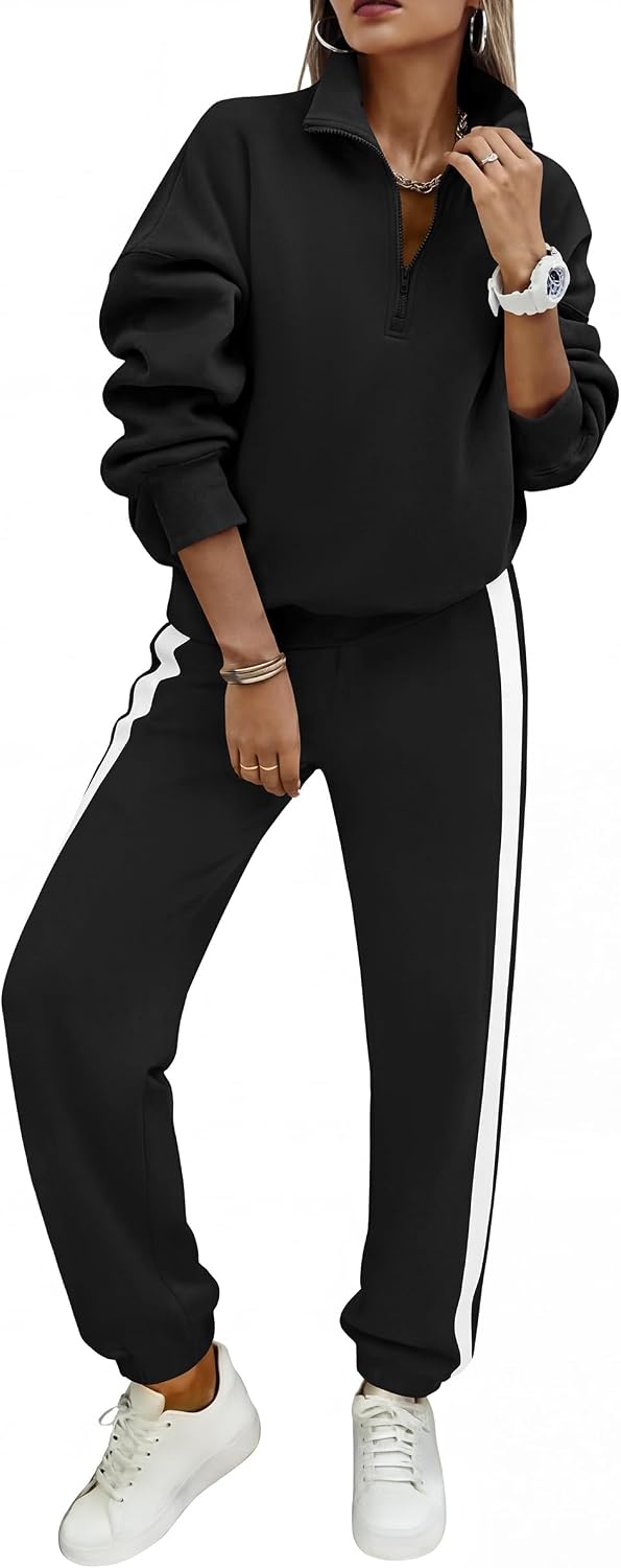 PRETTYGARDEN Womens Sweatsuits 2 Piece Outfits Fall Matching Lounge Sets | Zip Up Oversized Sweatshirts, High Waist Jogger Tracksuits, Two Piece Sweat Suit, Travel Airport Workout Sets(Black,L)