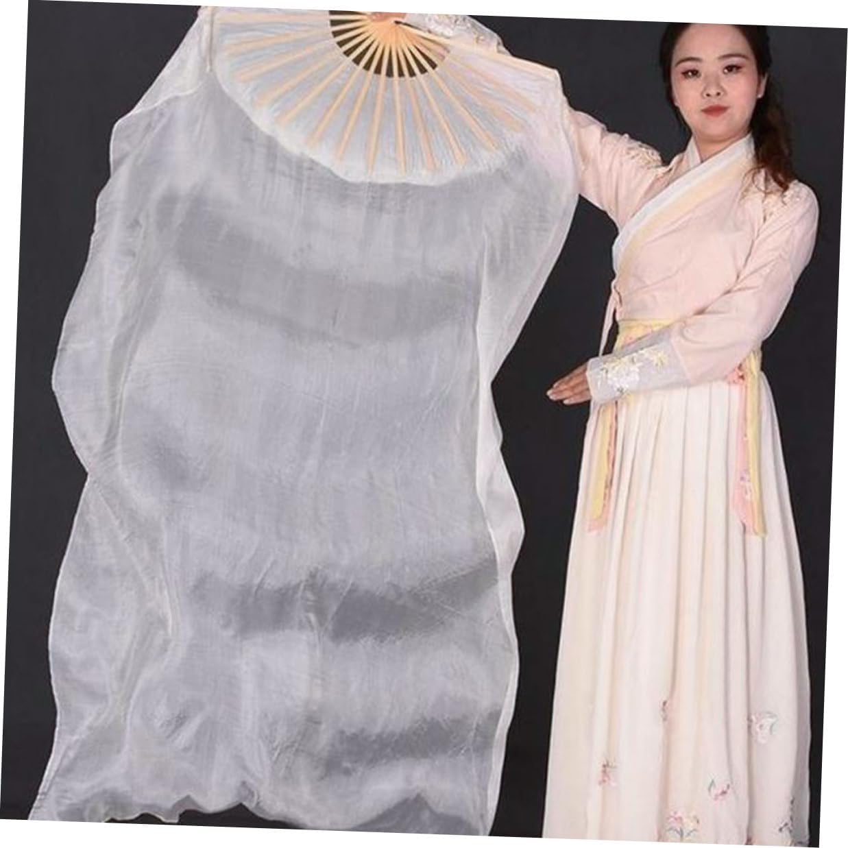 TOYANDONA White 1.8m Long Silk Folding Dance Fan for Women, Chinese Traditional Large Hand Fan for Summer Belly Dance Performance and Yoga Exercise