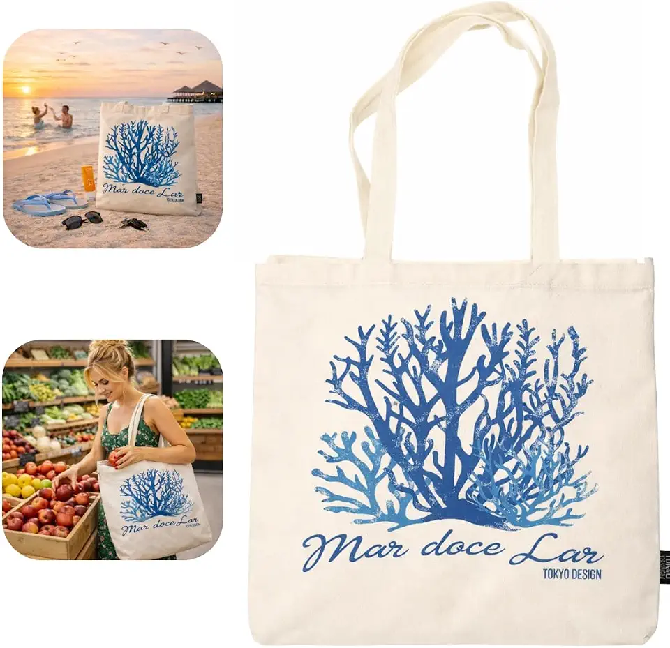 Bolsa Bag Linha Mar Alça de Ombro Dupla Longa Estampa Oceano Animais Marinhos Tema Desenho Sacola Ecologica Moda Praia Passeio Amplo Diário Pano Reforçada Feminina Leve Tamanho Grande
