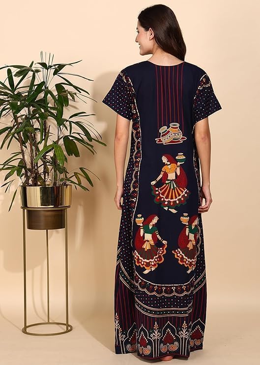 Image of PITINAN Pure Cotton Embroidered Nighty for Women | Maxi Night Gown | Jaipuri Cotton Nightdress with Pocket & Adjustable Knot | Comfortable Sleepwear