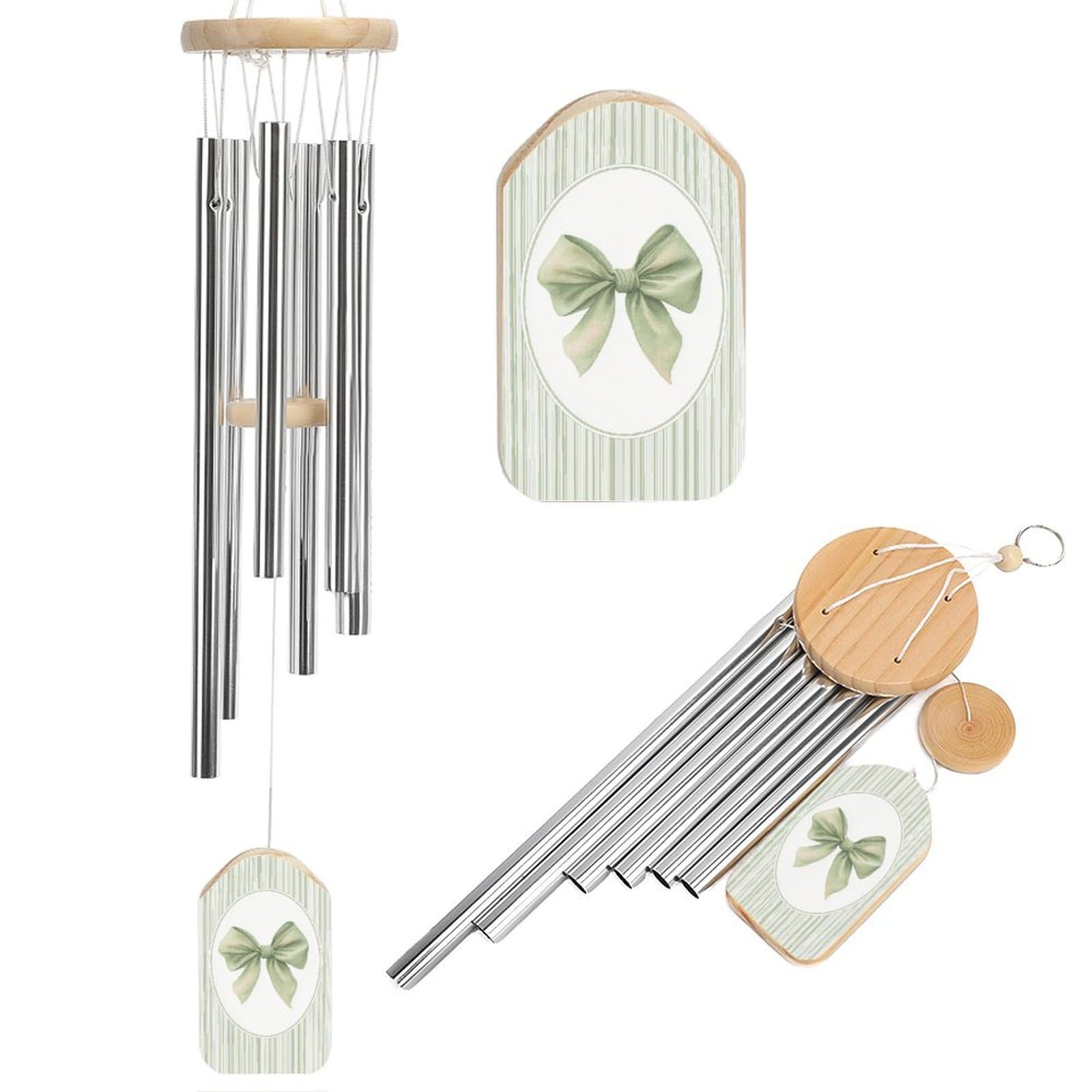 Vertical Sage Green And White Stripes Ribbon Bow Wind Chimes Memorial Deep Tone Windchime with 6 Aluminum Tubes Outdoor Backyard Garden Decoration