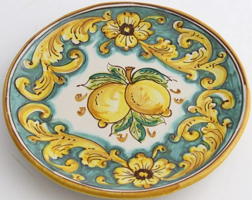 Piatto piccolo in ceramica siciliana giallo e verde di Santo Stefano di Camastra decorata a mano Limoni Art 14