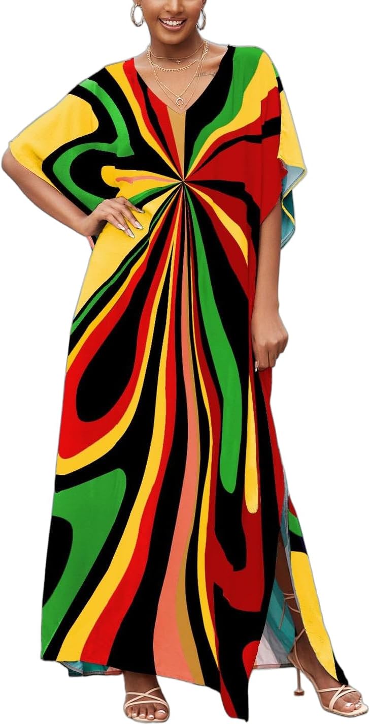 IMAGEKOPE Moroccan Print V-Neck Batwing Kaftan Women's Plus Size Loose Fit Beach Dress Bathing Suit Cover Up Loungewear