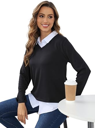 MISS FORTUNE Women's V-Neck Fall Winter Sweater Collar 2 in 1 Casual Long Sleeve Patchwork Office Pullover Shirts 2025