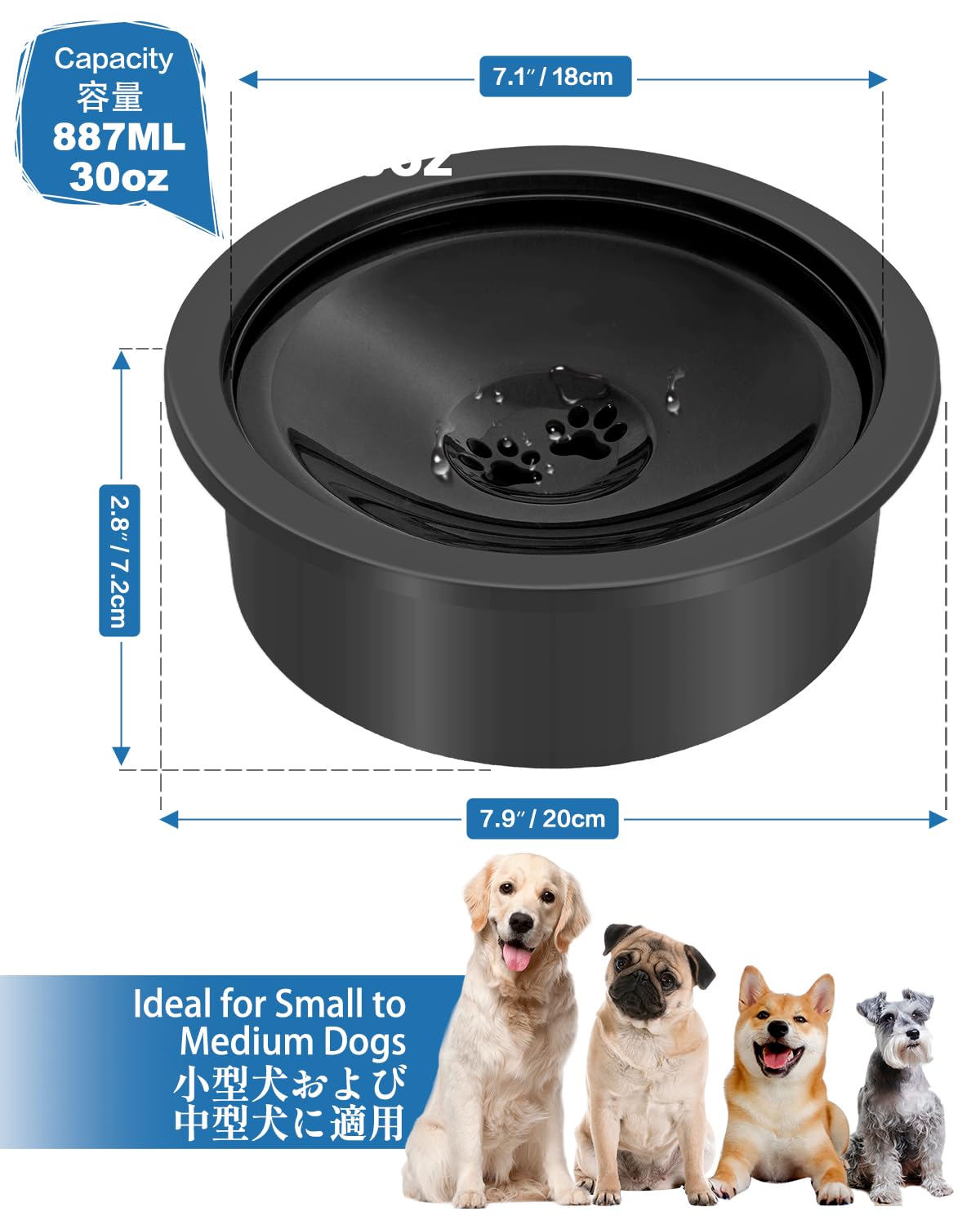 SCHITEC No Spill Water Bowl for Dogs, Slow Drinking Dog Water Dish No Spilling, Messy Splash or Drip, Fits into Elevated Pet Feeder, 30oz Slobber Stopper Water Dispenser