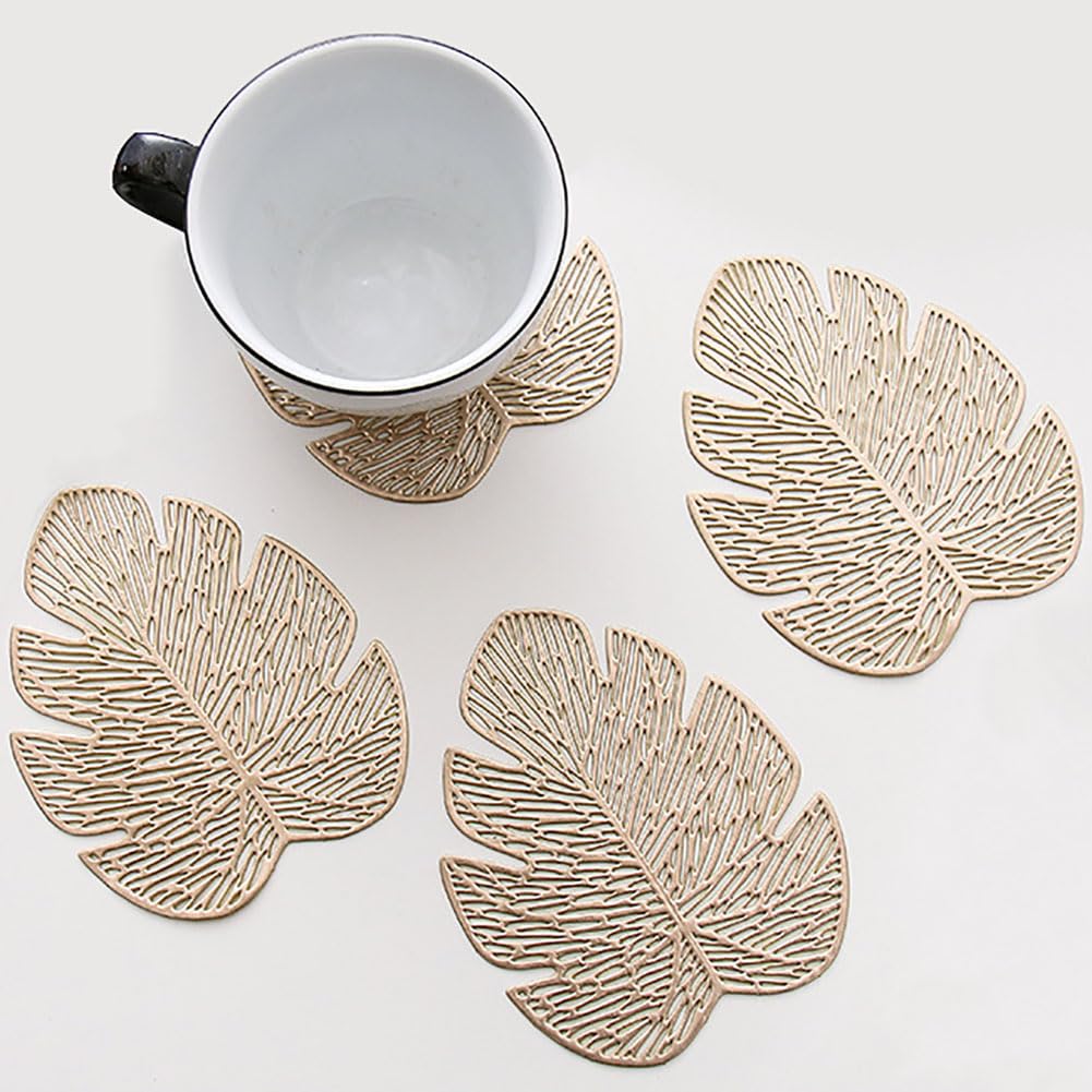 SCF2017 PVC Banana Leaf Shape Coasters for Drink Cup Mats Small Cute Placemats Set of 4,Gold