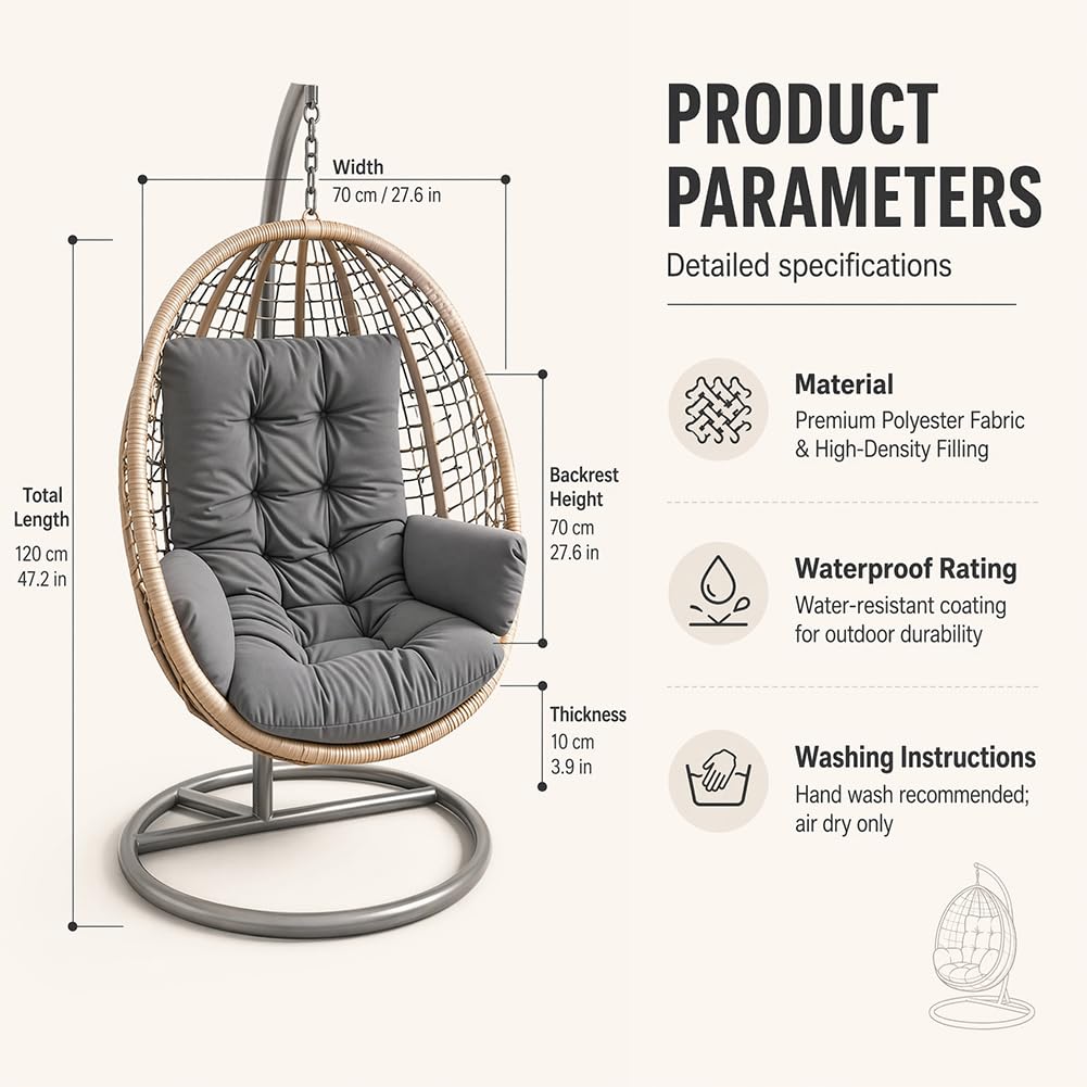 CEWROM Coussin de fauteuil suspendu - Coussin de jardin pour balancelle suspendue - Coussin en polyester épais avec dossier pour fauteuils suspendus, cocoons de jardin et chaises à œufs - Coussin