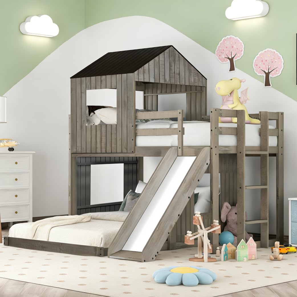 Bellemave Bunk beds Twin Over Full with Slide,Ladders,House roof Design, Low bunk/loft Bed for Kids,Antique Gray
