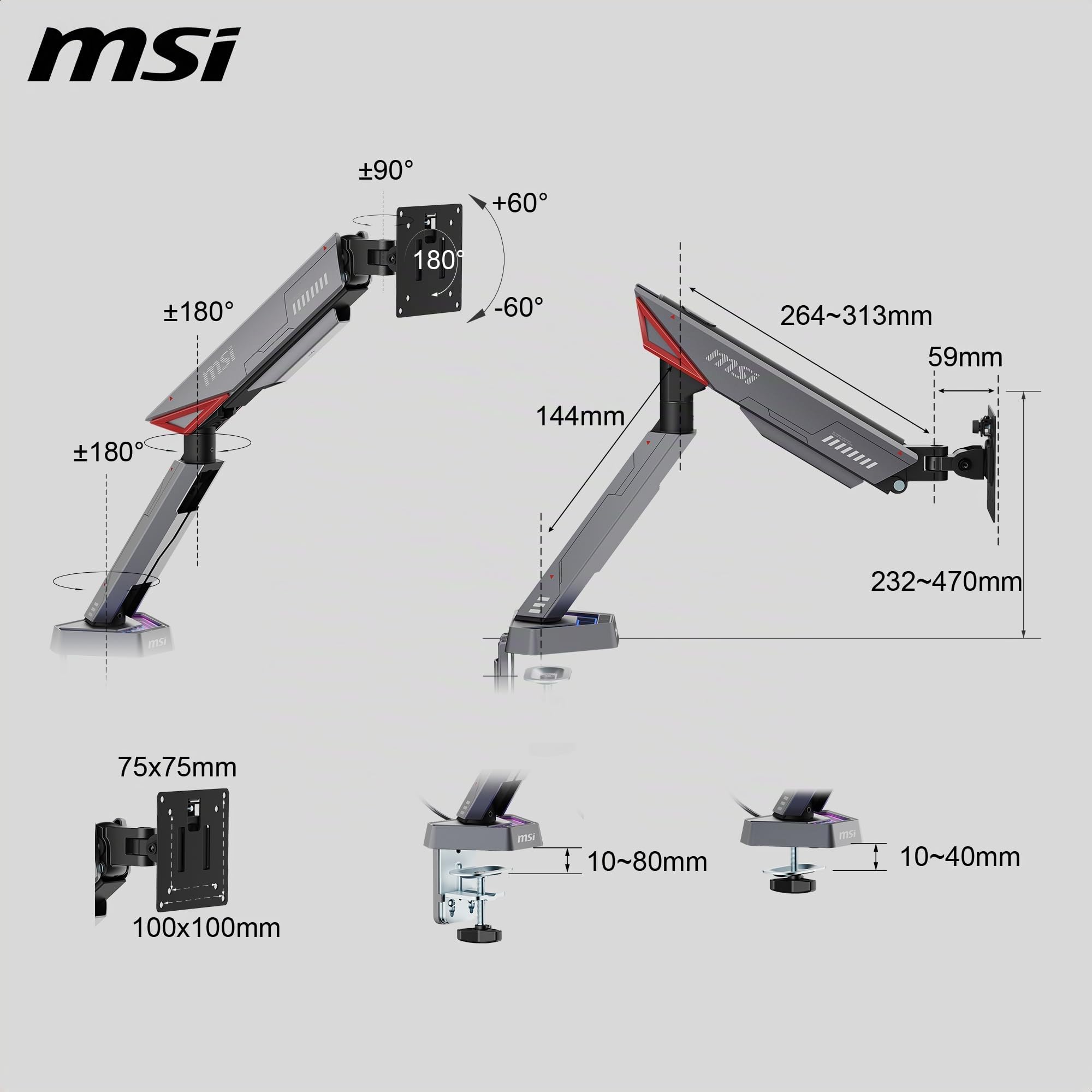MSI MPG MT161R – Bras de Support pour écran Simple RVB de qualité supérieure, Prend en Charge Les écrans de 17 à 45" et 16 kg, Compatible VESA, Support à Ressort réglable, Pince et œillets, Plaque de