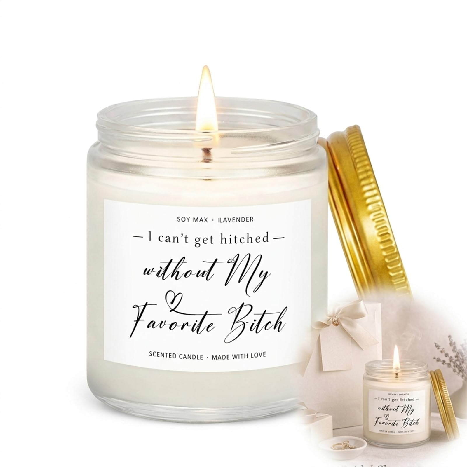 Lavender Soy Wax Scented Candle in Reusable Glass Jar, Funny Bride to Be Gift for Best Friend, Bridesmaid Proposal, Wedding Party, Birthday, Christmas, with Cotton Wick and Gold Lid Keepsake
